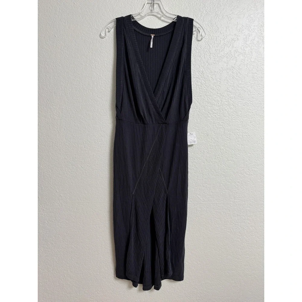 Free People Rising Sun Dress Small Black Ribbed Stretch Wrap V-Neck Front‎ Slit